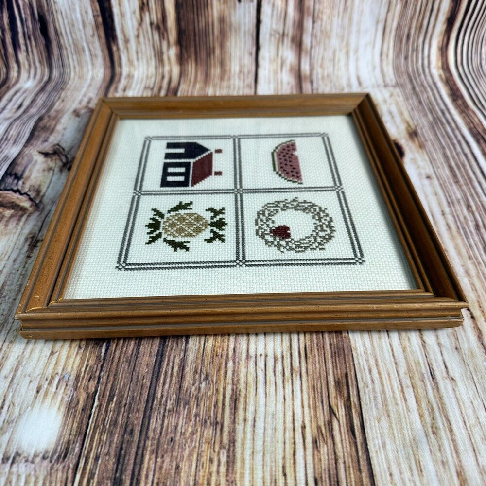 Vintage Cross Stitch House Warming Gift Pineapple Wreath Framed Finished 9x9 - Picture 3 of 11